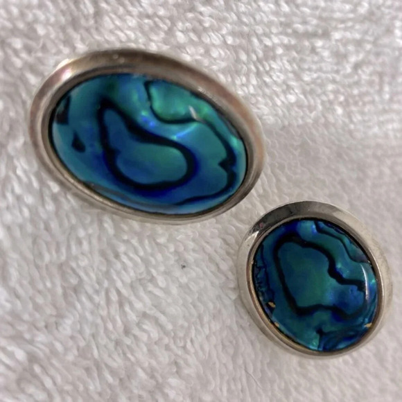 Vintage Blue Faux Abalone W Silver Tone Trim Oval Clop On Earrings - Picture 6 of 9